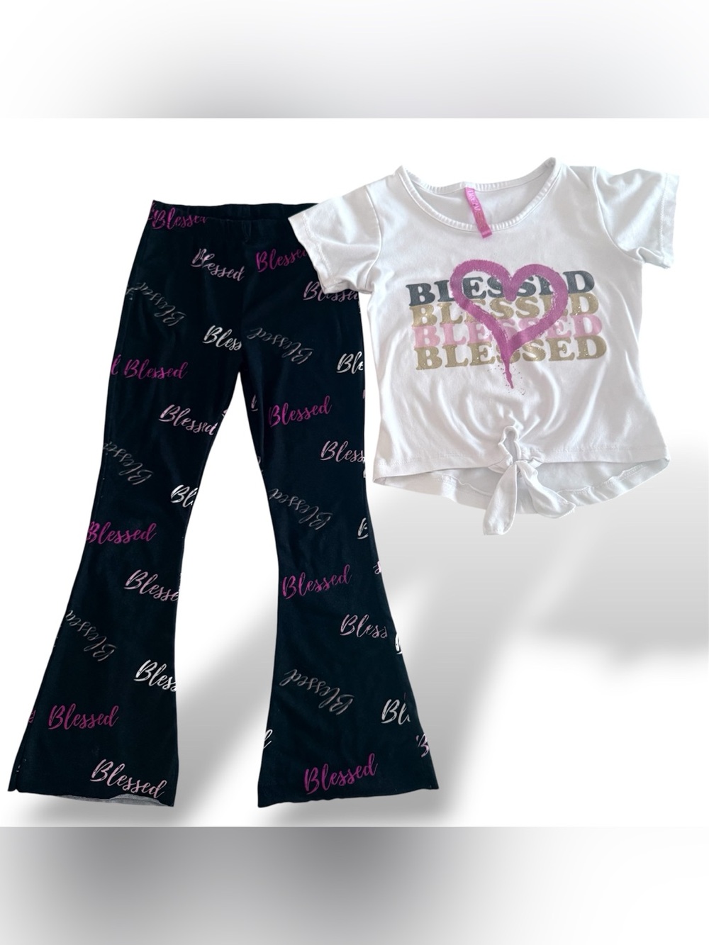 Dream Star Girls Size 5/6 “Blessed” 2PC Outfit Set Bell Bottom Pants Shirt